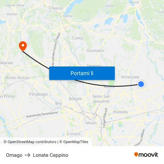 Ornago to Lonate Ceppino map