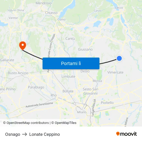 Osnago to Lonate Ceppino map