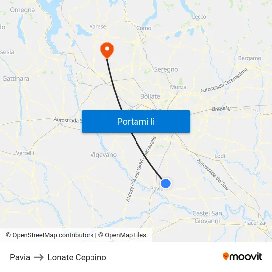 Pavia to Lonate Ceppino map