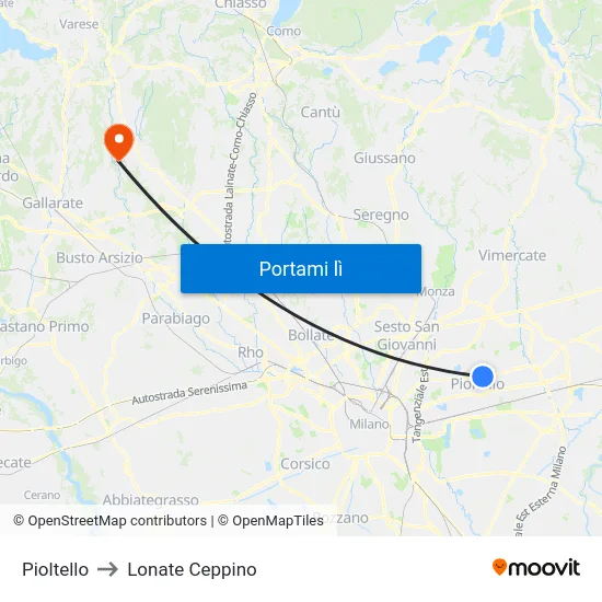 Pioltello to Lonate Ceppino map