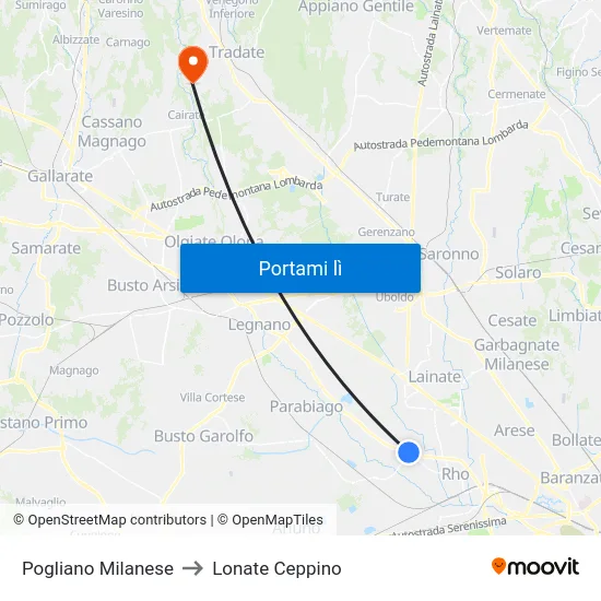 Pogliano Milanese to Lonate Ceppino map