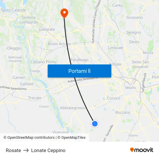 Rosate to Lonate Ceppino map