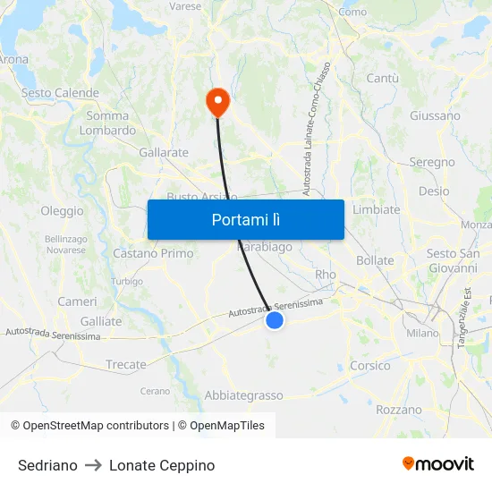 Sedriano to Lonate Ceppino map