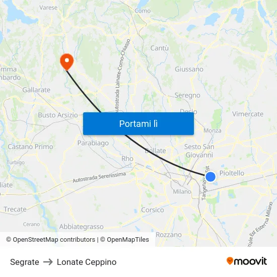 Segrate to Lonate Ceppino map