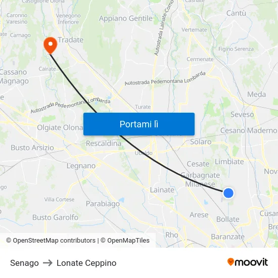 Senago to Lonate Ceppino map
