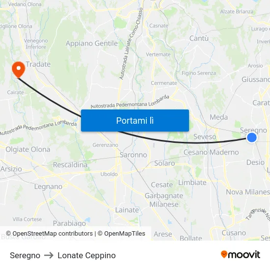 Seregno to Lonate Ceppino map