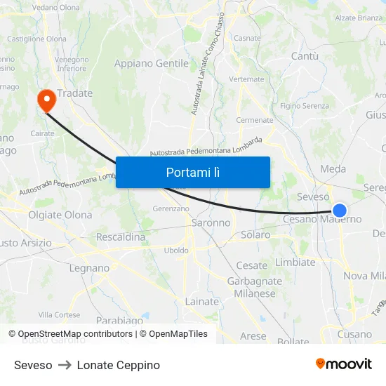 Seveso to Lonate Ceppino map