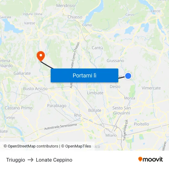 Triuggio to Lonate Ceppino map