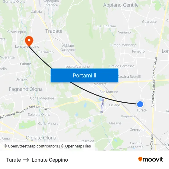 Turate to Lonate Ceppino map