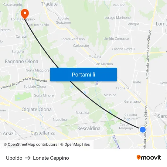 Uboldo to Lonate Ceppino map