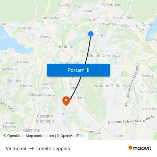 Valmorea to Lonate Ceppino map