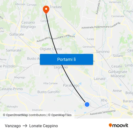 Vanzago to Lonate Ceppino map