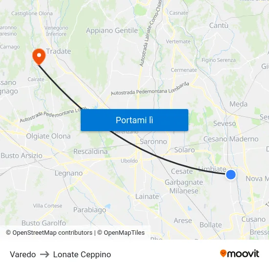 Varedo to Lonate Ceppino map