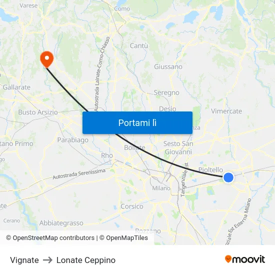 Vignate to Lonate Ceppino map
