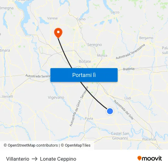 Villanterio to Lonate Ceppino map