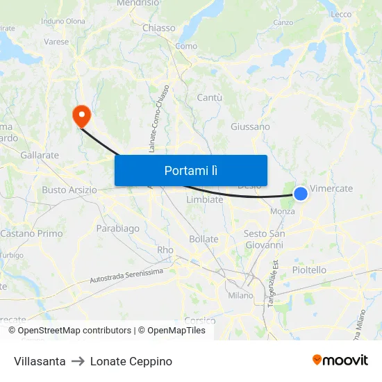Villasanta to Lonate Ceppino map