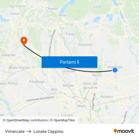Vimercate to Lonate Ceppino map