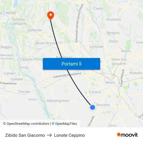 Zibido San Giacomo to Lonate Ceppino map
