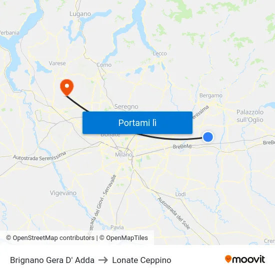 Brignano Gera D' Adda to Lonate Ceppino map