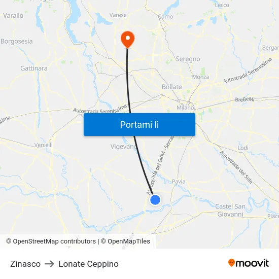 Zinasco to Lonate Ceppino map