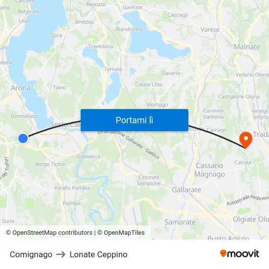 Comignago to Lonate Ceppino map