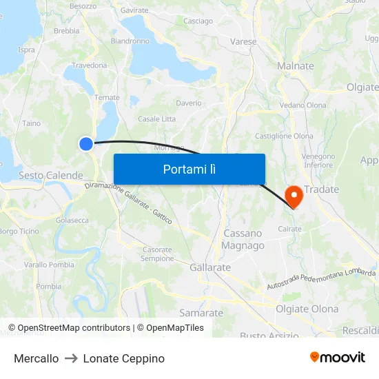 Mercallo to Lonate Ceppino map
