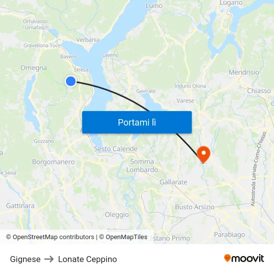 Gignese to Lonate Ceppino map