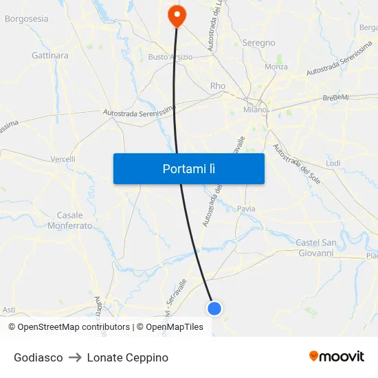 Godiasco to Lonate Ceppino map