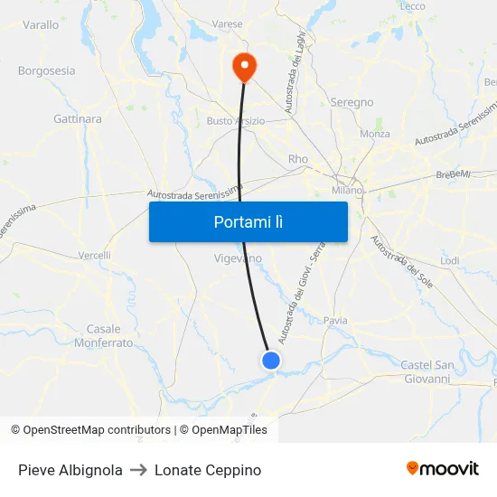 Pieve Albignola to Lonate Ceppino map