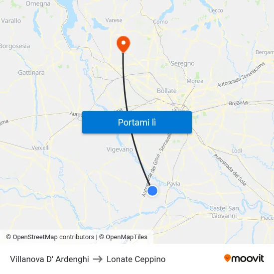 Villanova D' Ardenghi to Lonate Ceppino map