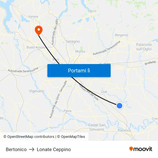 Bertonico to Lonate Ceppino map