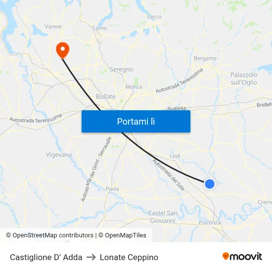 Castiglione D' Adda to Lonate Ceppino map