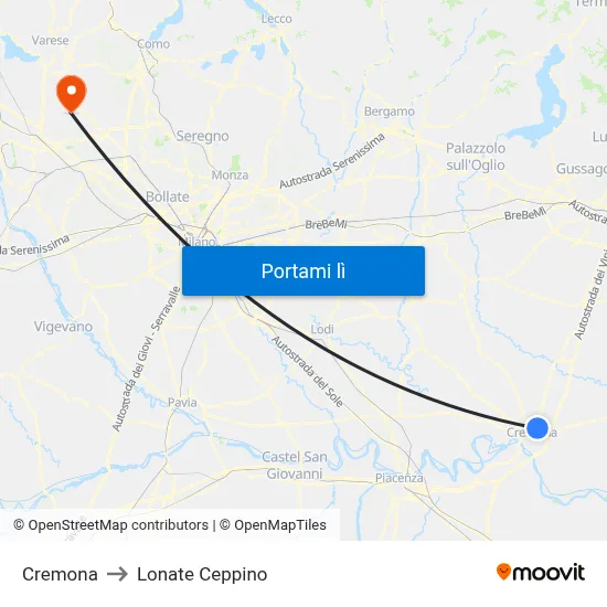 Cremona to Lonate Ceppino map