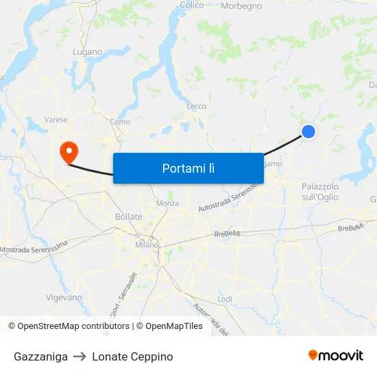 Gazzaniga to Lonate Ceppino map