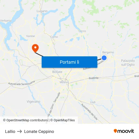 Lallio to Lonate Ceppino map