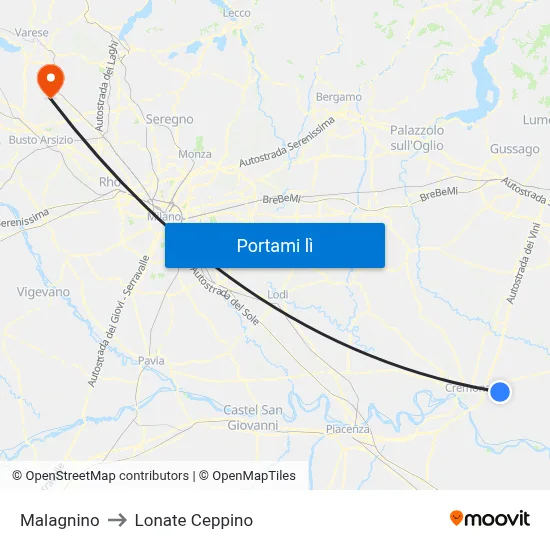 Malagnino to Lonate Ceppino map