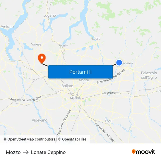 Mozzo to Lonate Ceppino map