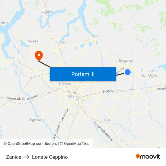 Zanica to Lonate Ceppino map