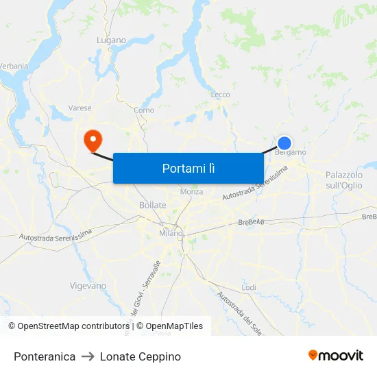 Ponteranica to Lonate Ceppino map