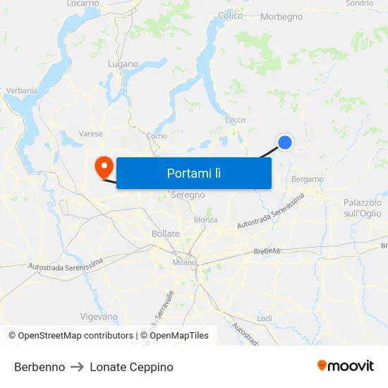Berbenno to Lonate Ceppino map