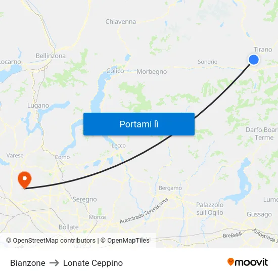 Bianzone to Lonate Ceppino map