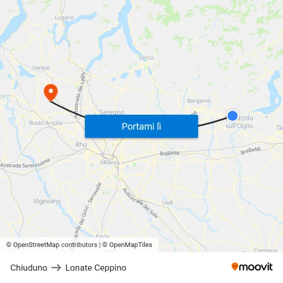 Chiuduno to Lonate Ceppino map