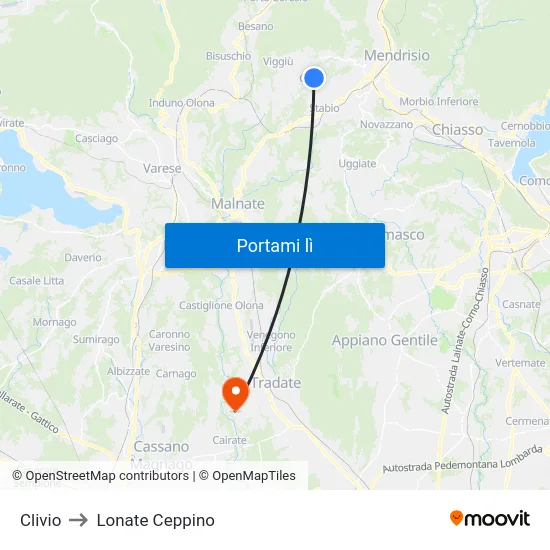 Clivio to Lonate Ceppino map
