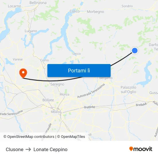 Clusone to Lonate Ceppino map