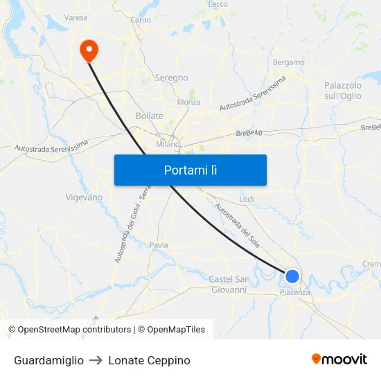 Guardamiglio to Lonate Ceppino map