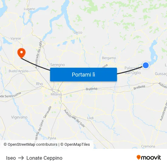 Iseo to Lonate Ceppino map