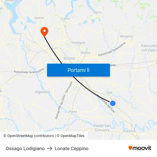 Ossago Lodigiano to Lonate Ceppino map