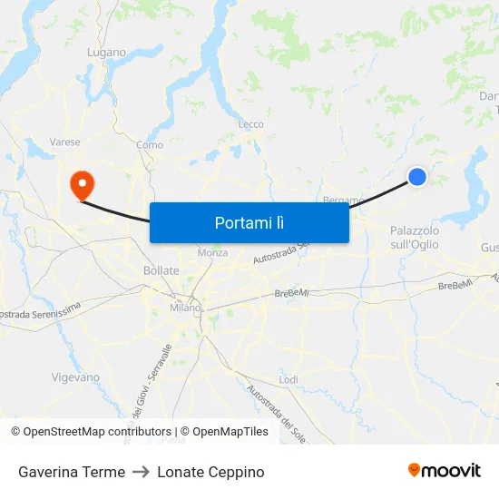 Gaverina Terme to Lonate Ceppino map