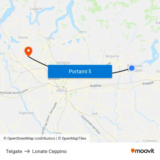 Telgate to Lonate Ceppino map