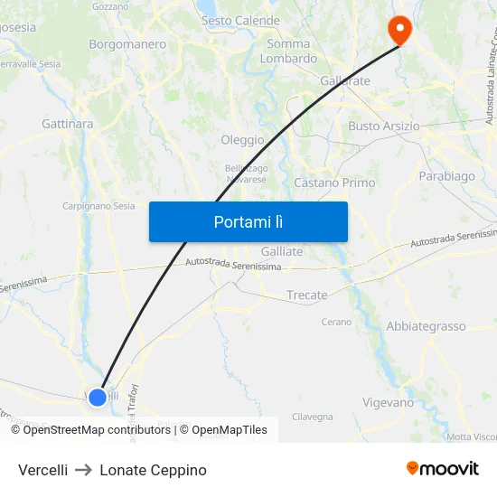 Vercelli to Lonate Ceppino map